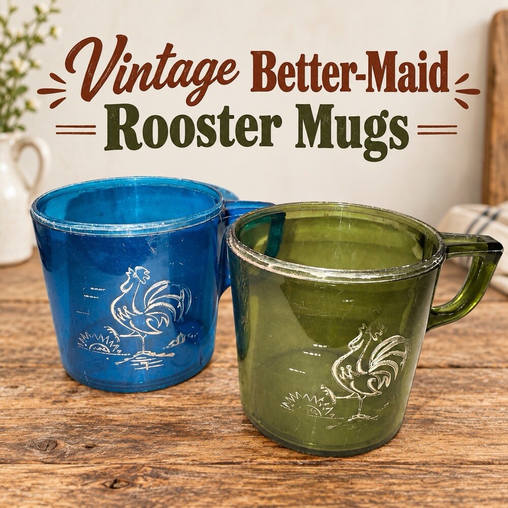 Vintage Better-Maid Insulated Plastic Rooster Mugs Blue Green Set of 2